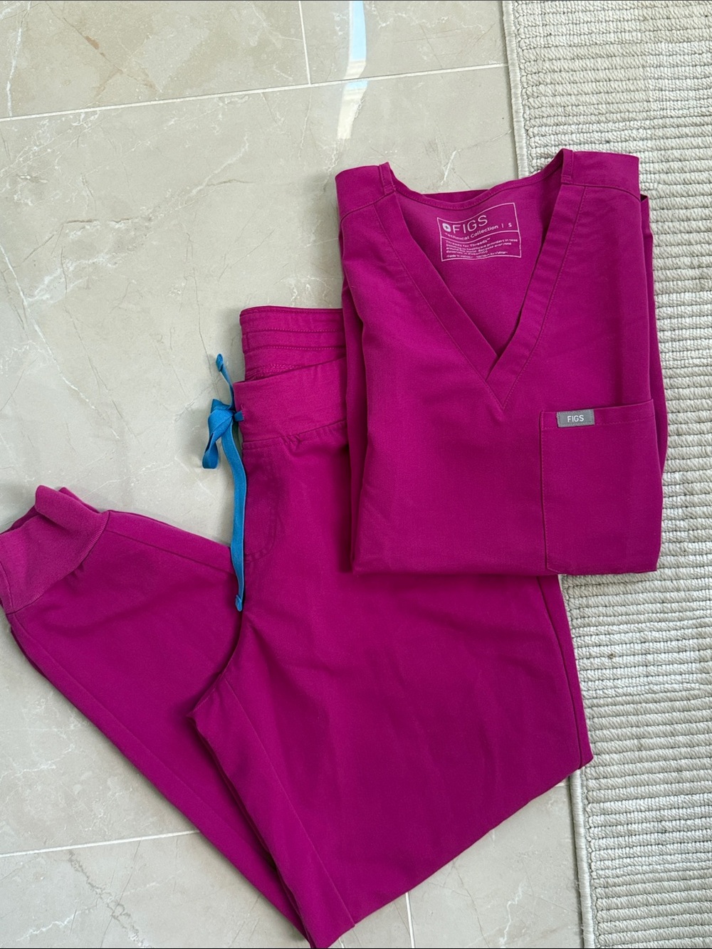 Figs Kids Pajama Set in Bright Magenta with Blue Drawstring